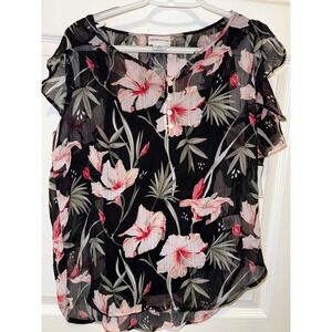 Liz Claiborne Floral‎ Blouse Ruffle Sleeve Sheer Top Lightweight Black S